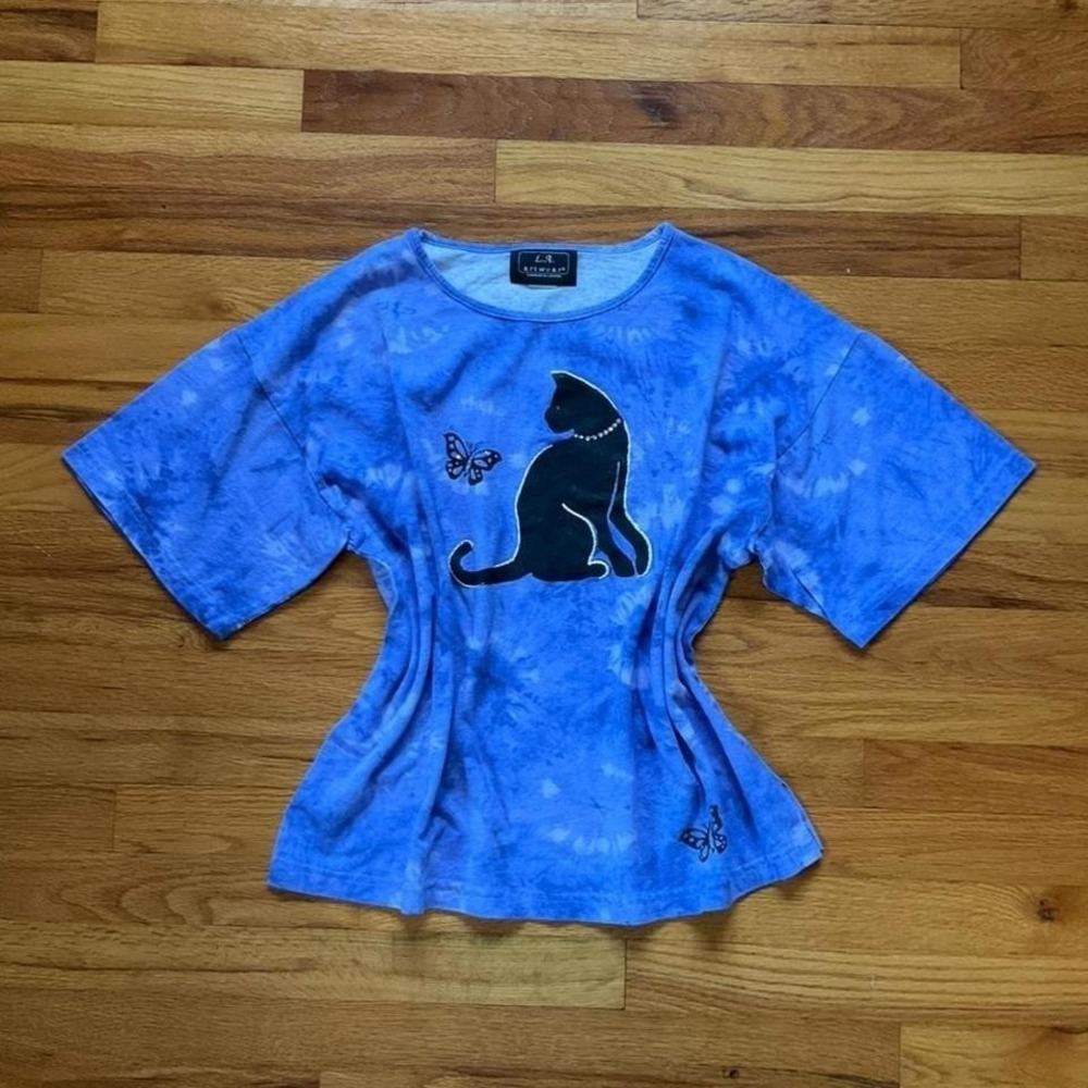 90s Vintage Blue Tie Dye Pattern Cat Lady T Shirt Size L Butterfly Kitschy 90s